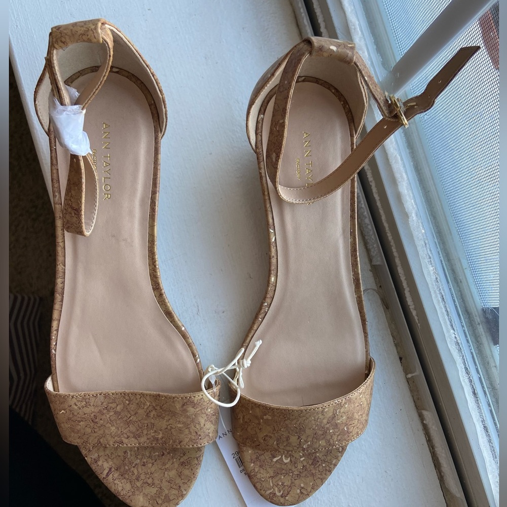 Faux-cork low wedge ankle strap sandals